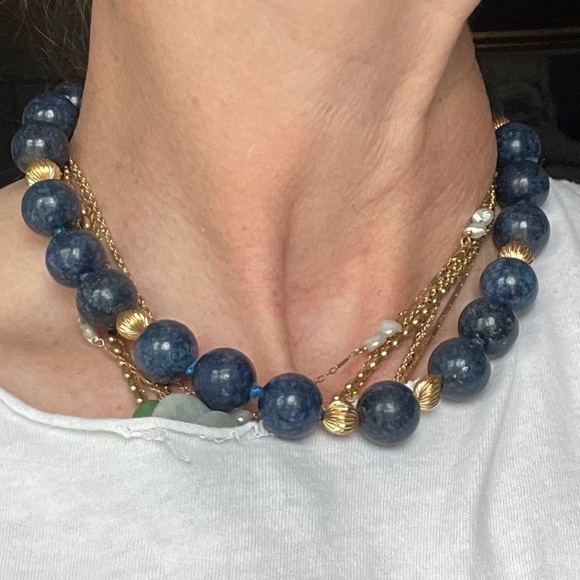 14k Fluted Yellow Gold & Large (15mm) Blue Lapis Bead Vintage Estate Necklace - Picture 1 of 13